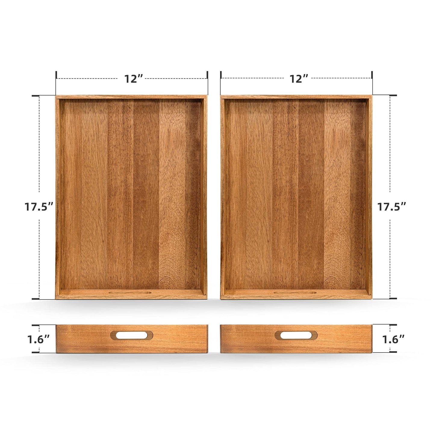 Acacia Wood Serving Tray with Handles Set of 2 – Decorative Serving Trays Platter for Breakfast in Bed, Lunch, Dinner, Patio, Ottoman, Coffee Table, BBQ, Party –Great for Lap &Couch