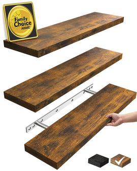 BAYKA Floating Shelves for Wall, 22.5 inches Wall Mounted Rustic Wood Shelves for Bathroom, Bedroom, Living Room, Floating Shelves for Books/Storage/Decor(Rustic Brown,Set of 3)
