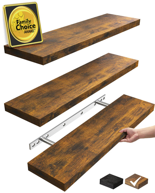 BAYKA Floating Shelves for Wall, 22.5 inches Wall Mounted Rustic Wood Shelves for Bathroom, Bedroom, Living Room, Floating Shelves for Books/Storage/Decor(Rustic Brown,Set of 3)