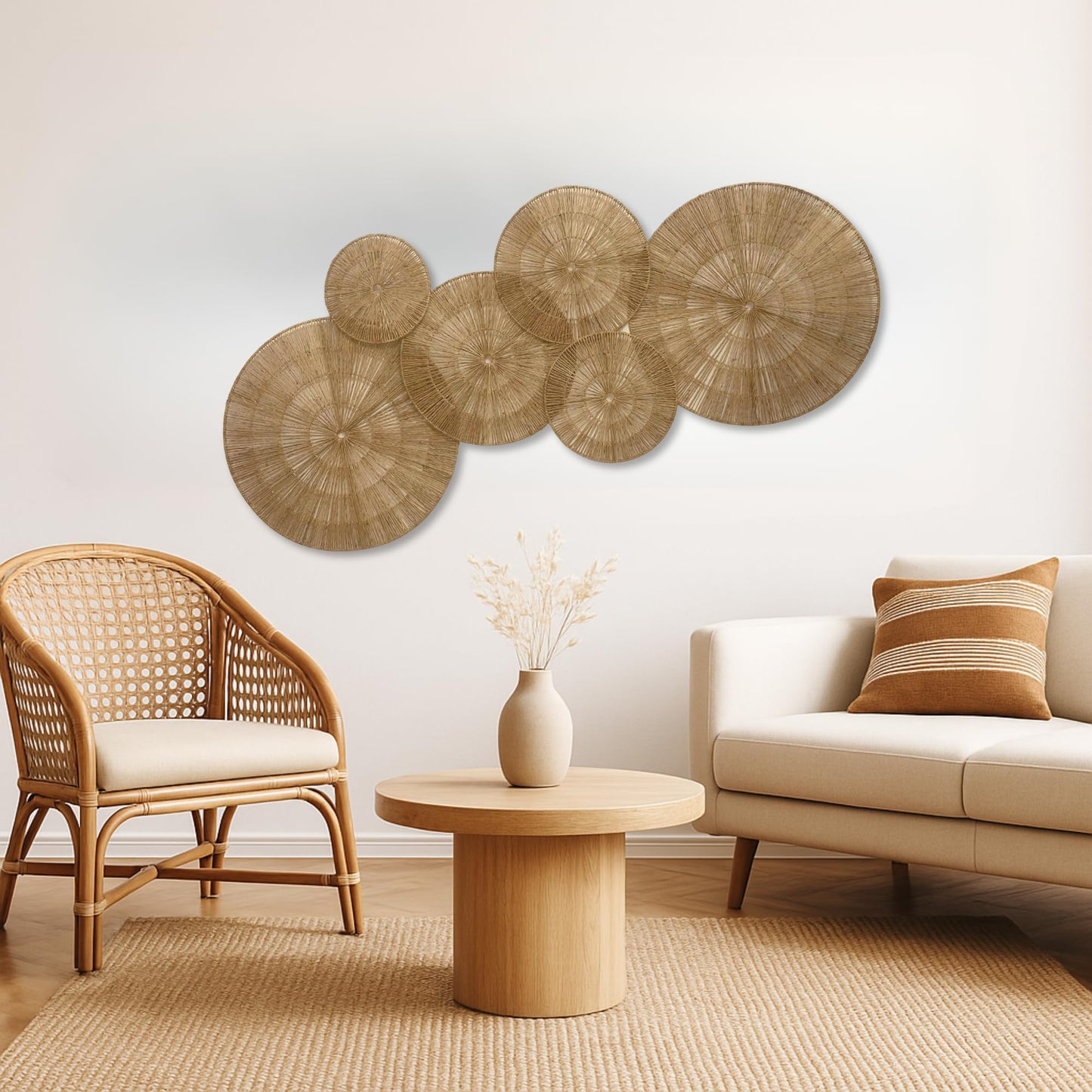 ChumDecor 21.6 inch Wicker Wall Decor Set – Boho Wall Basket Decor with Jute Rope, Large Circle Wall Baskets, Natural Woven Wall Art for Living Room Bedroom, Decorative Seagrass Wall Hanging