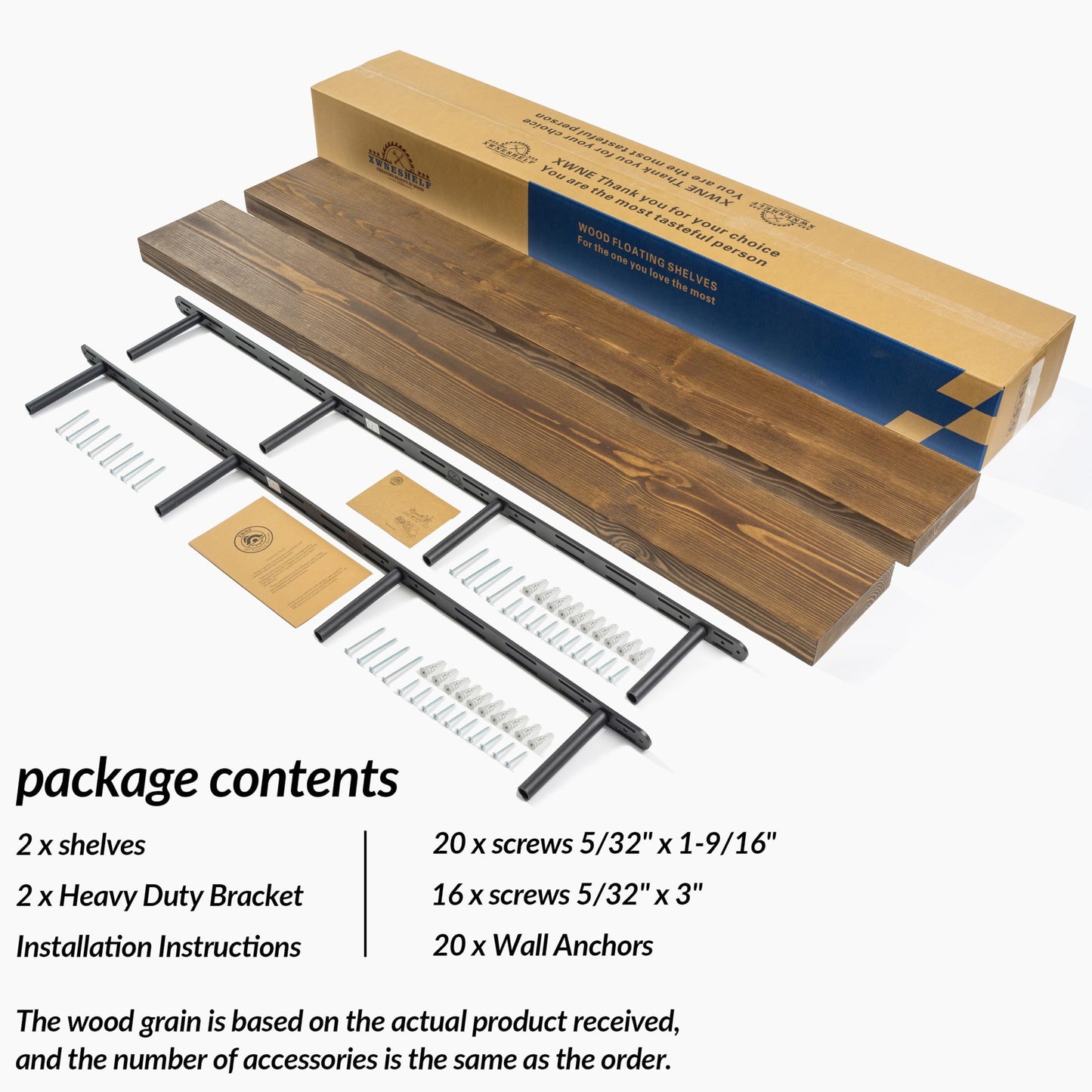 XWNE Rustic Floating Shelves 60 inch Long 8 "deep Set of 2, Heavy Duty Wood Wall Mounted Shelves for Bathroom Living Room Kitchen,Book Shelves with Thickened Hidden Bracket- Walnut