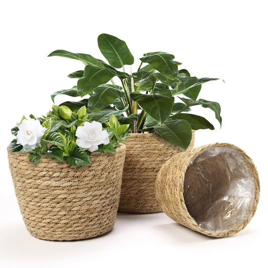 Athaliah Plant Basket, 3 PCS Plant Baskets Indoor with Plastic Liner, Water Hyacinth Woven Planters Flower Basket, Planter Basket for Rustic Boho Home Farmhouse Floor Potted Pots Decor