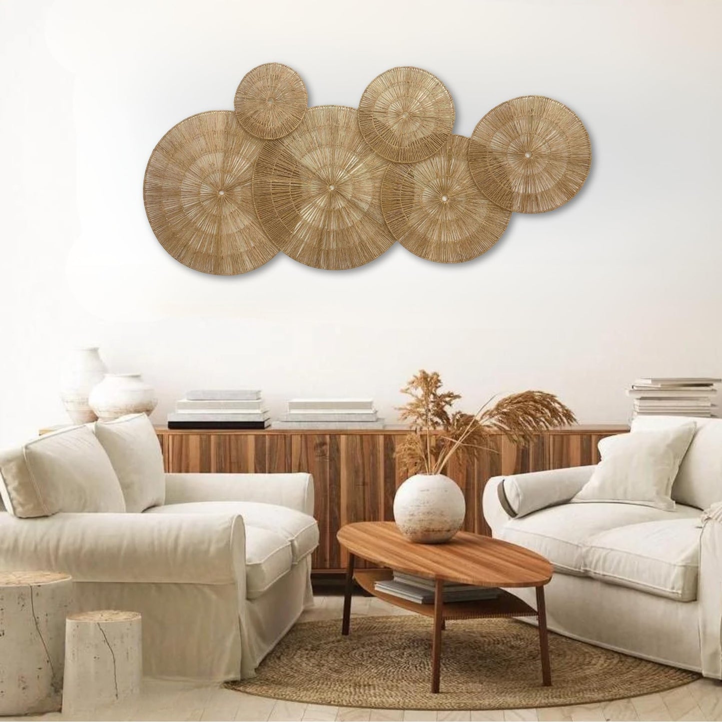 ChumDecor 21.6 inch Wicker Wall Decor Set – Boho Wall Basket Decor with Jute Rope, Large Circle Wall Baskets, Natural Woven Wall Art for Living Room Bedroom, Decorative Seagrass Wall Hanging