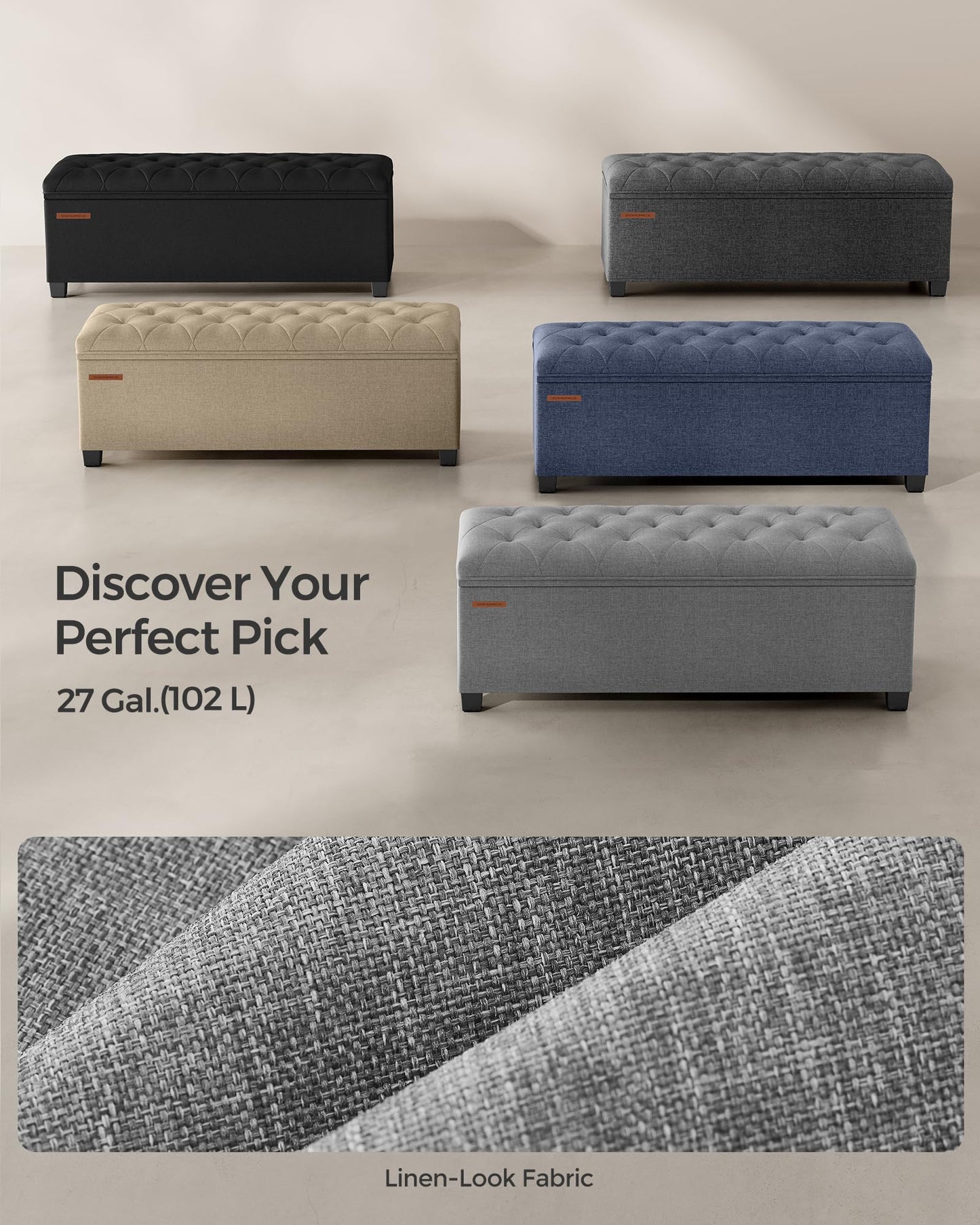 SONGMICS Storage Ottoman Bench, Foot Rest with Legs, 15.7 x 43.3 x 15.7 Inches, End of Bed Bench, Storage Chest, Load up to 660 lb, for Living Room, Bedroom, Entryway, Light Gray ULSF088G02
