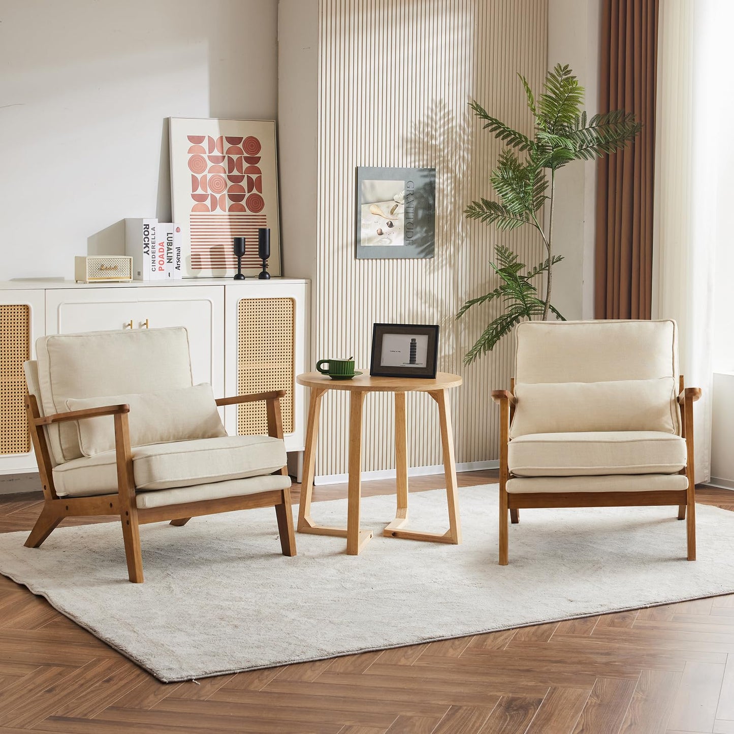 Karl home Accent Chair Wide Armrest Mid-Century Lounge Chair Linen Fabric Armchair with Lumbar Pillow & Solid Wood Frame for Living Room, Bedroom, Balcony, Beige