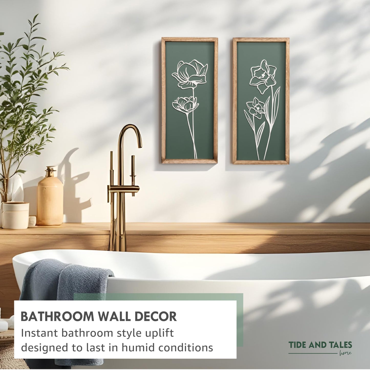 3D Floral Green Wall Art (Set of 2) Lightweight, Wooden Ready-to-Hang Boho Framed Wall Art for Bathroom, Bedroom, Living Room or Office – Premium Sage Green Farmhouse Decor – Gift-Boxed