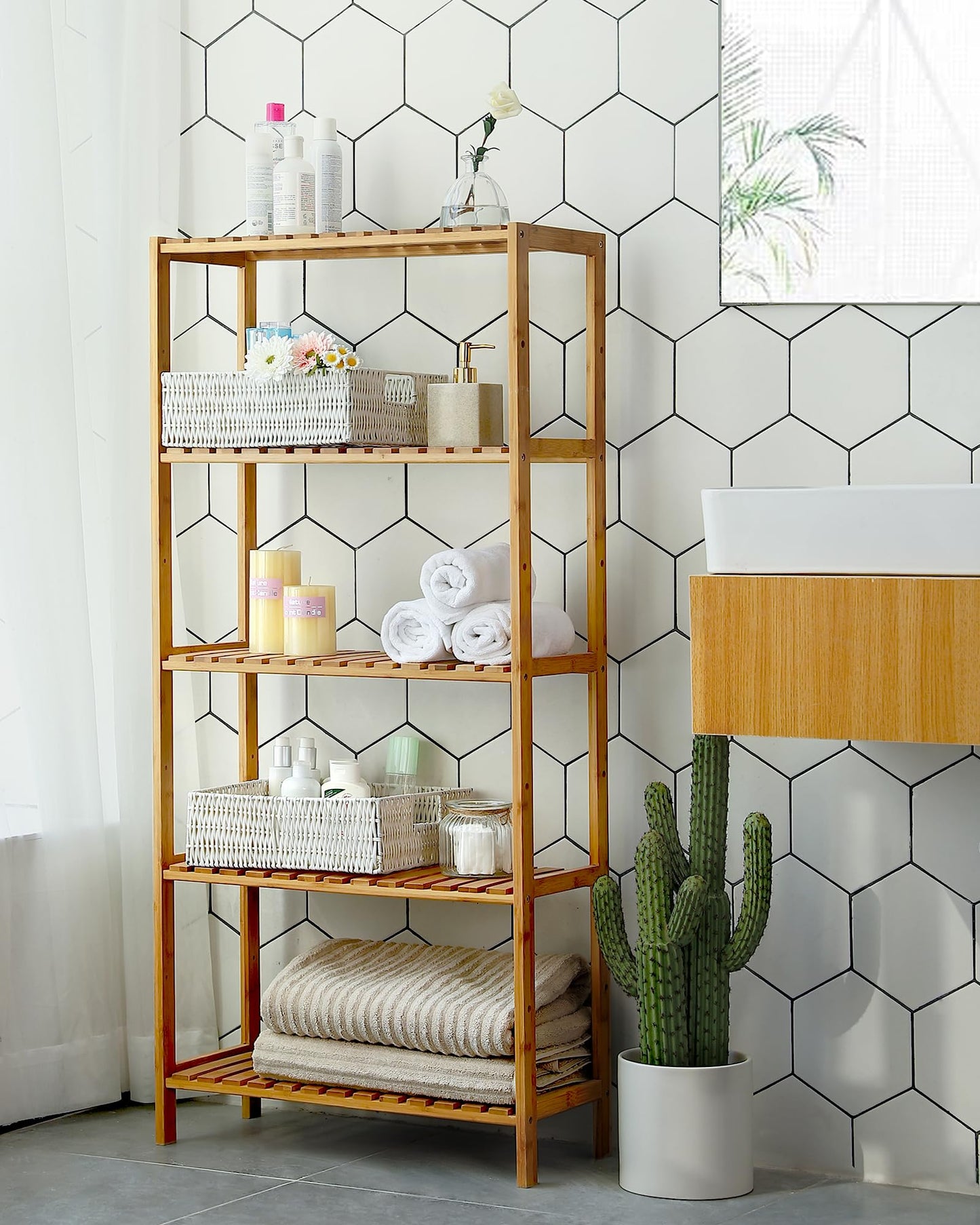 SONGMICS Bamboo Storage Shelf, 5-Tier Shelving Unit, Multifunctional, in The Entryway, Bathroom, Living Room, Balcony, Kitchen, 10.2 x 23.6 x 51.2 Inches, Light Bamboo UBCB35Y