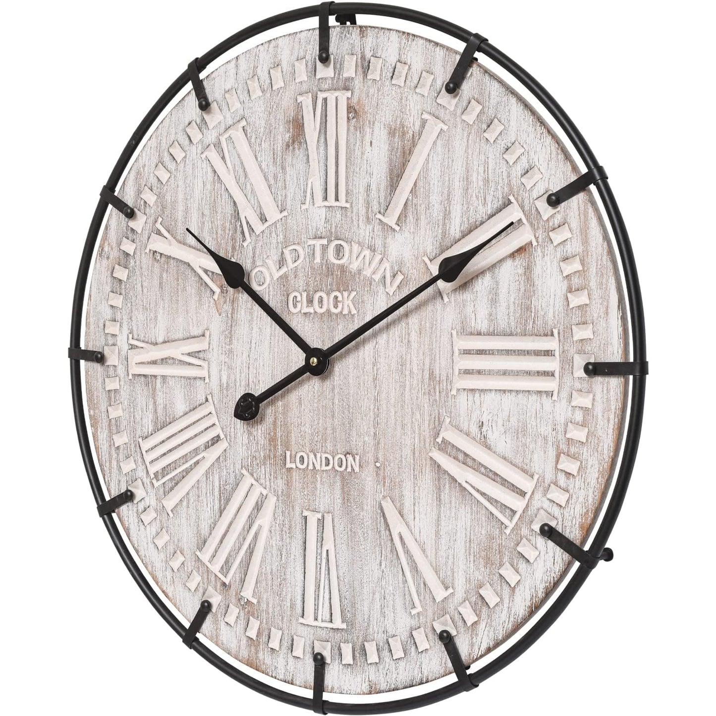 EMAX HOME 24 Inch Large Farmhouse Wall Clock, Rustic Antique Wood with Metal Circle and Large Engraved Numerals, Silent Battery Operated Wall Clock for Office Kitchen Bedroom Living Room