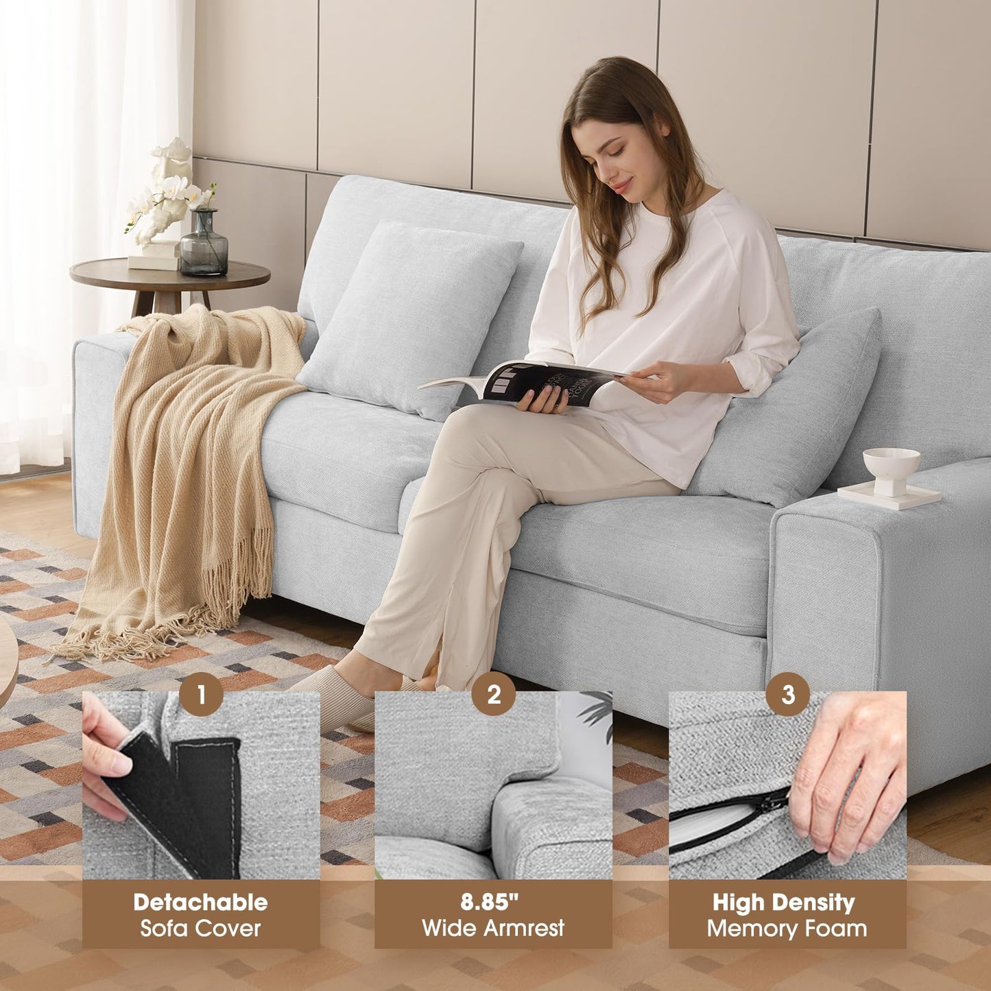DOPEDIO Modern Loveseat Sofa for Living Room,Chenille Recliner, Removable Cover, Spring Cushions, Solid Wood Frame, Easy Assembly for Small Spaces (71.25inch，Light Gray)
