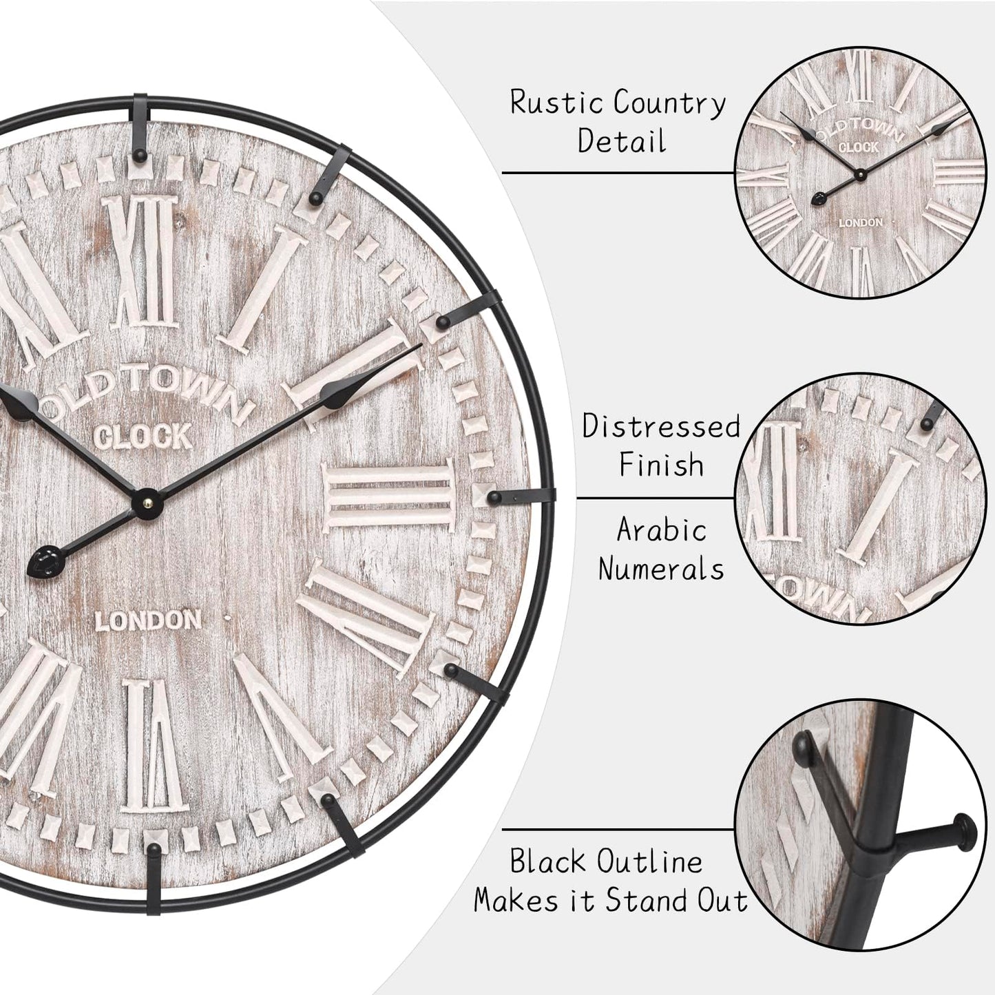 EMAX HOME 24 Inch Large Farmhouse Wall Clock, Rustic Antique Wood with Metal Circle and Large Engraved Numerals, Silent Battery Operated Wall Clock for Office Kitchen Bedroom Living Room