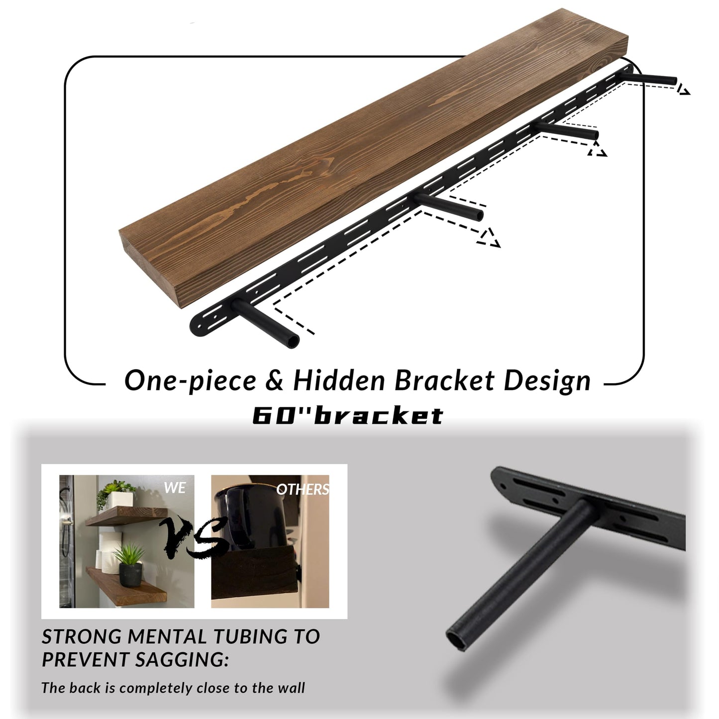 XWNE Rustic Floating Shelves 60 inch Long 8 "deep Set of 2, Heavy Duty Wood Wall Mounted Shelves for Bathroom Living Room Kitchen,Book Shelves with Thickened Hidden Bracket- Walnut