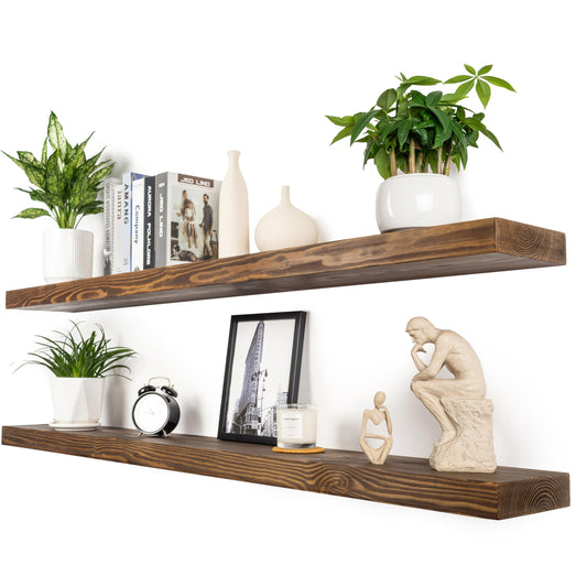XWNE Rustic Floating Shelves 60 inch Long 8 "deep Set of 2, Heavy Duty Wood Wall Mounted Shelves for Bathroom Living Room Kitchen,Book Shelves with Thickened Hidden Bracket- Walnut