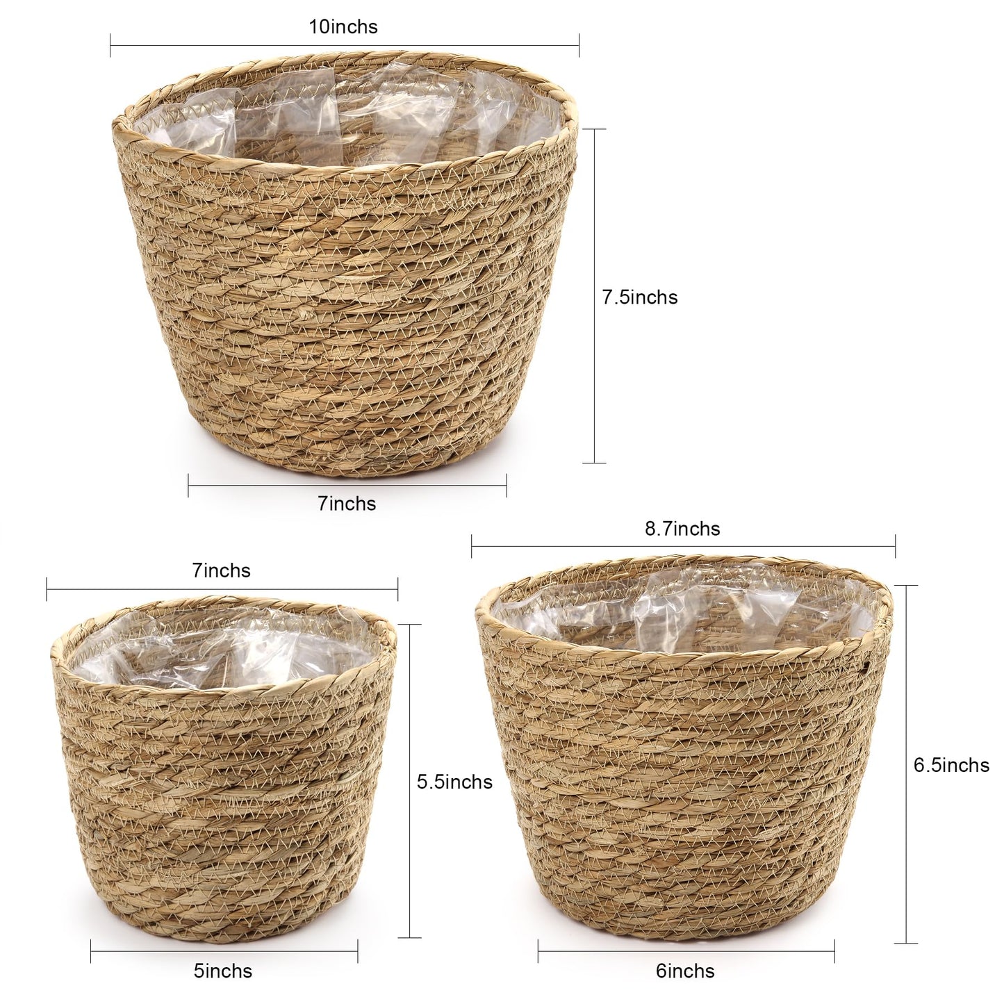 Athaliah Plant Basket, 3 PCS Plant Baskets Indoor with Plastic Liner, Water Hyacinth Woven Planters Flower Basket, Planter Basket for Rustic Boho Home Farmhouse Floor Potted Pots Decor