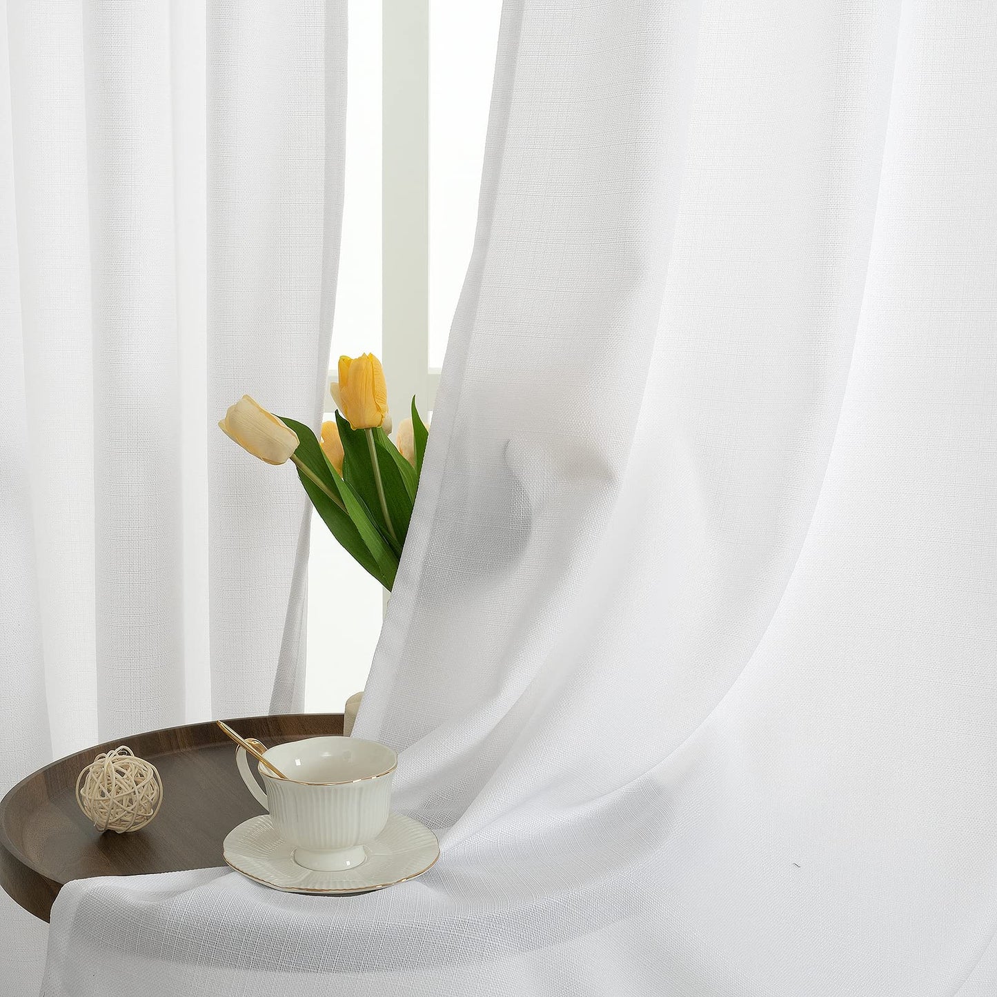 LAMIT White Linen Curtains 84 inch Length 2 Panels, Semi Sheer Light Filtering Privacy Neutral Panels Grommet Faux Linen Textured Opaque Drapes for Bedroom/Living Room, 52 x 84 Inch