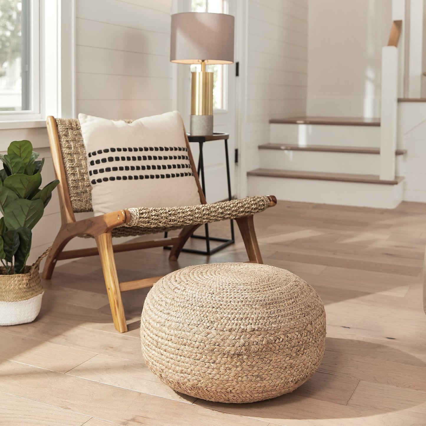 Decor Therapy Round Pouf Ottoman Footrest, Natural Jute Woven, Boho Pouf, Bohemian Style Casual Seating for Living Room, Bedroom, Patio Decor 19"x 19"x 10.5"