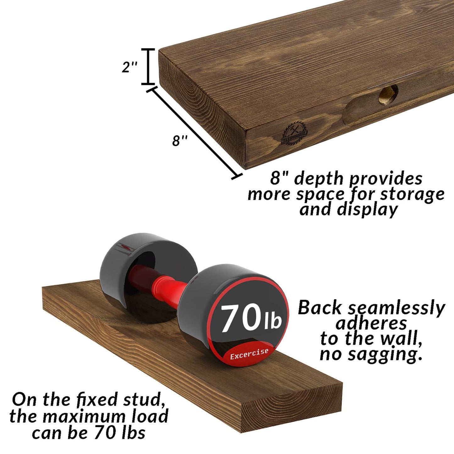 XWNE Rustic Floating Shelves 60 inch Long 8 "deep Set of 2, Heavy Duty Wood Wall Mounted Shelves for Bathroom Living Room Kitchen,Book Shelves with Thickened Hidden Bracket- Walnut