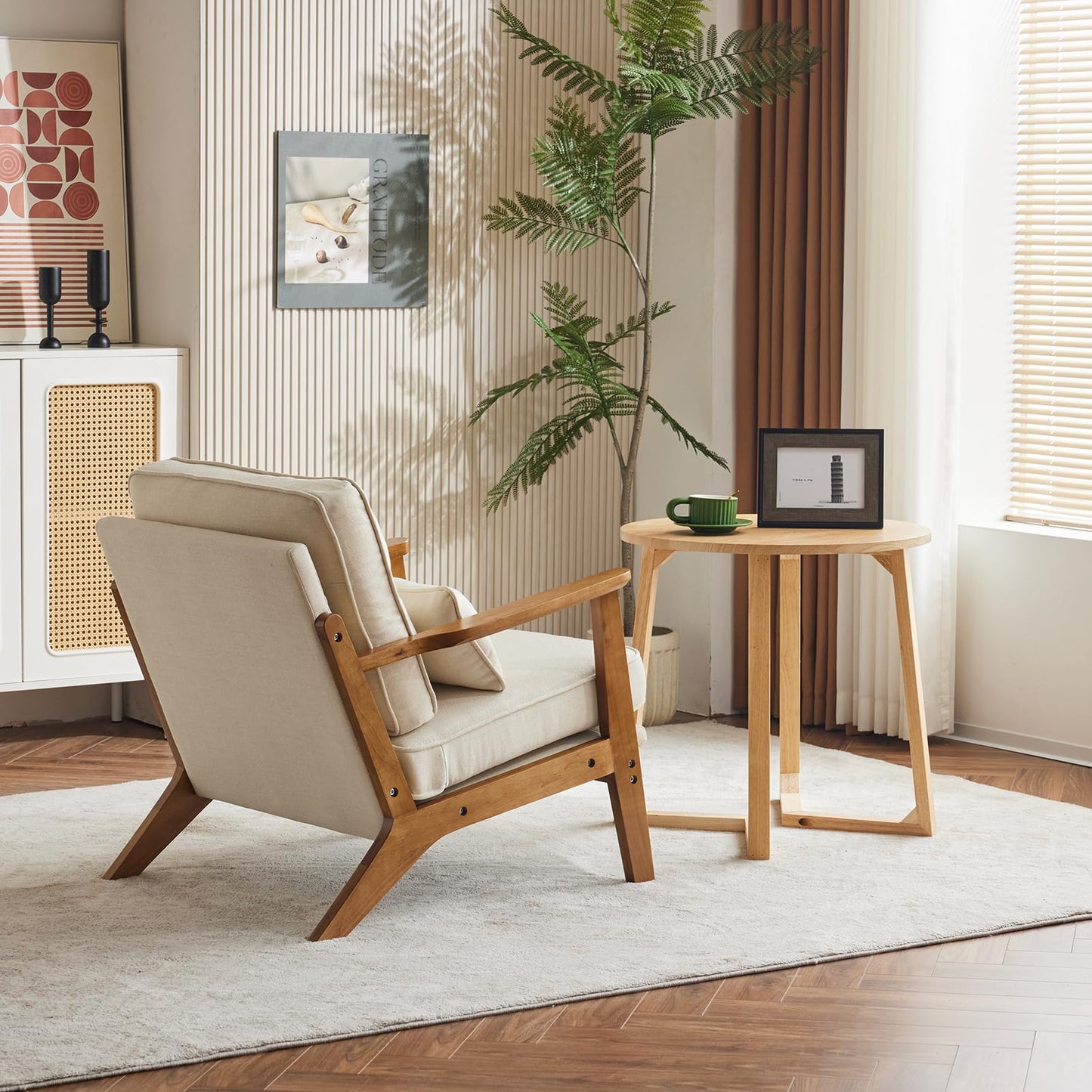 Karl home Accent Chair Wide Armrest Mid-Century Lounge Chair Linen Fabric Armchair with Lumbar Pillow & Solid Wood Frame for Living Room, Bedroom, Balcony, Beige