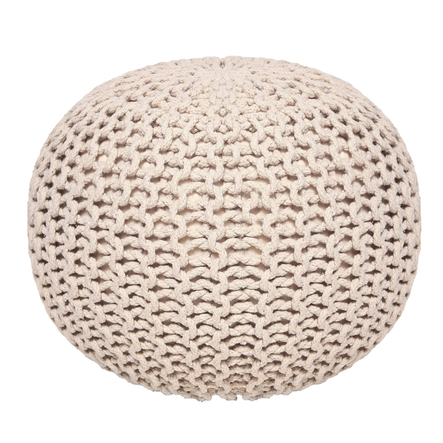 REDEARTH Round Pouf Ottoman - Cable Knitted Boho Poof - Home Décor Cord Pouffe Handmade Circular Footrest for Living Room - Bedroom - Kids Bedroom - 100% Cotton Pouf (18" x 18" x 14") - Ivory