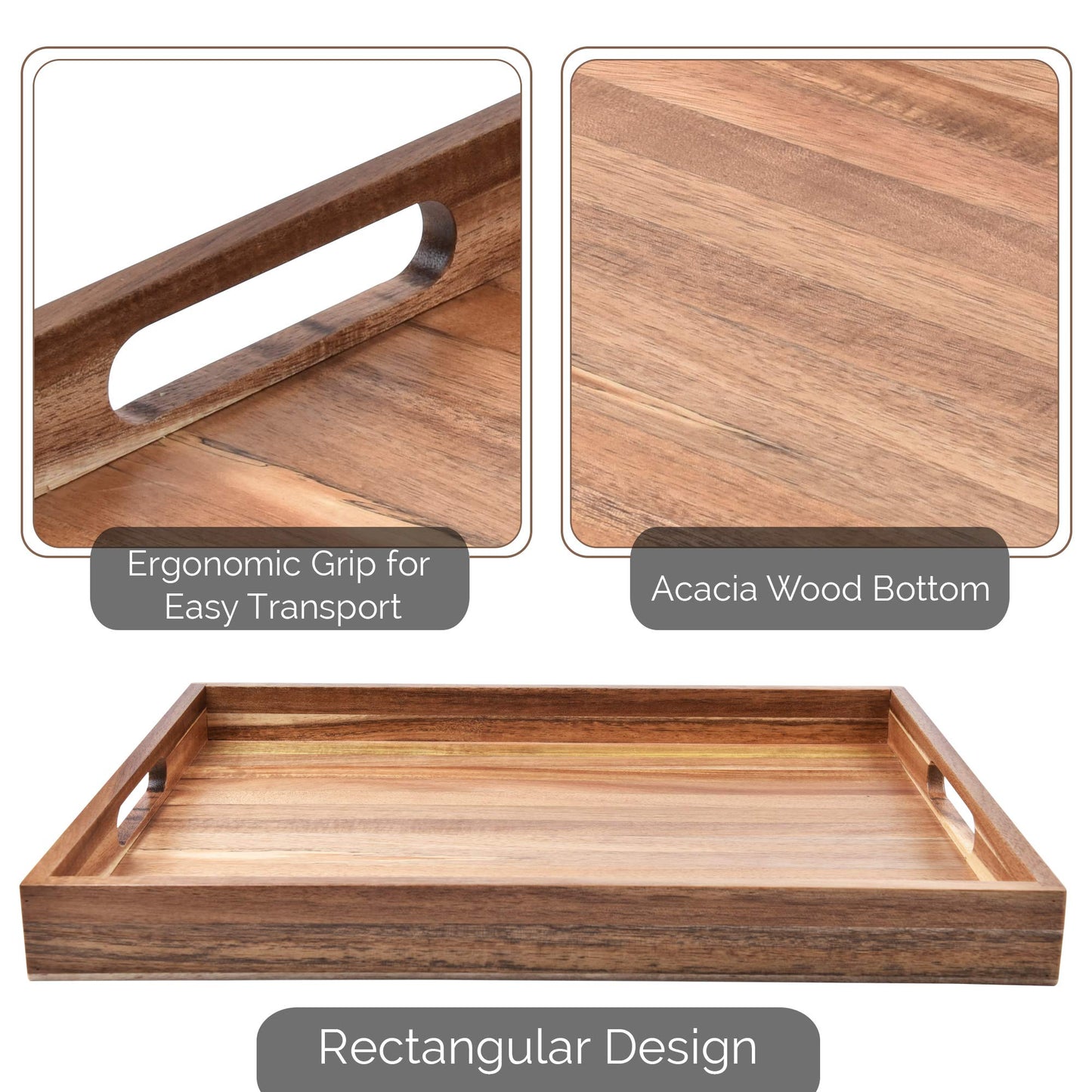 Acacia Wood Serving Tray with Handles Set of 2 – Decorative Serving Trays Platter for Breakfast in Bed, Lunch, Dinner, Patio, Ottoman, Coffee Table, BBQ, Party –Great for Lap &Couch