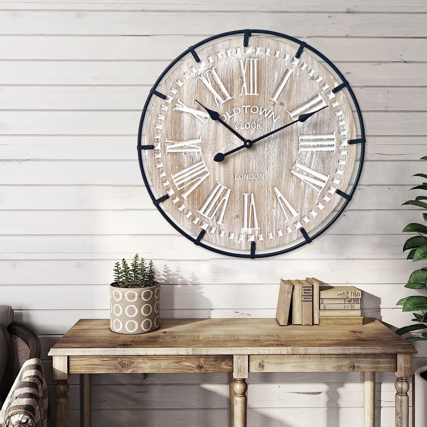 EMAX HOME 24 Inch Large Farmhouse Wall Clock, Rustic Antique Wood with Metal Circle and Large Engraved Numerals, Silent Battery Operated Wall Clock for Office Kitchen Bedroom Living Room