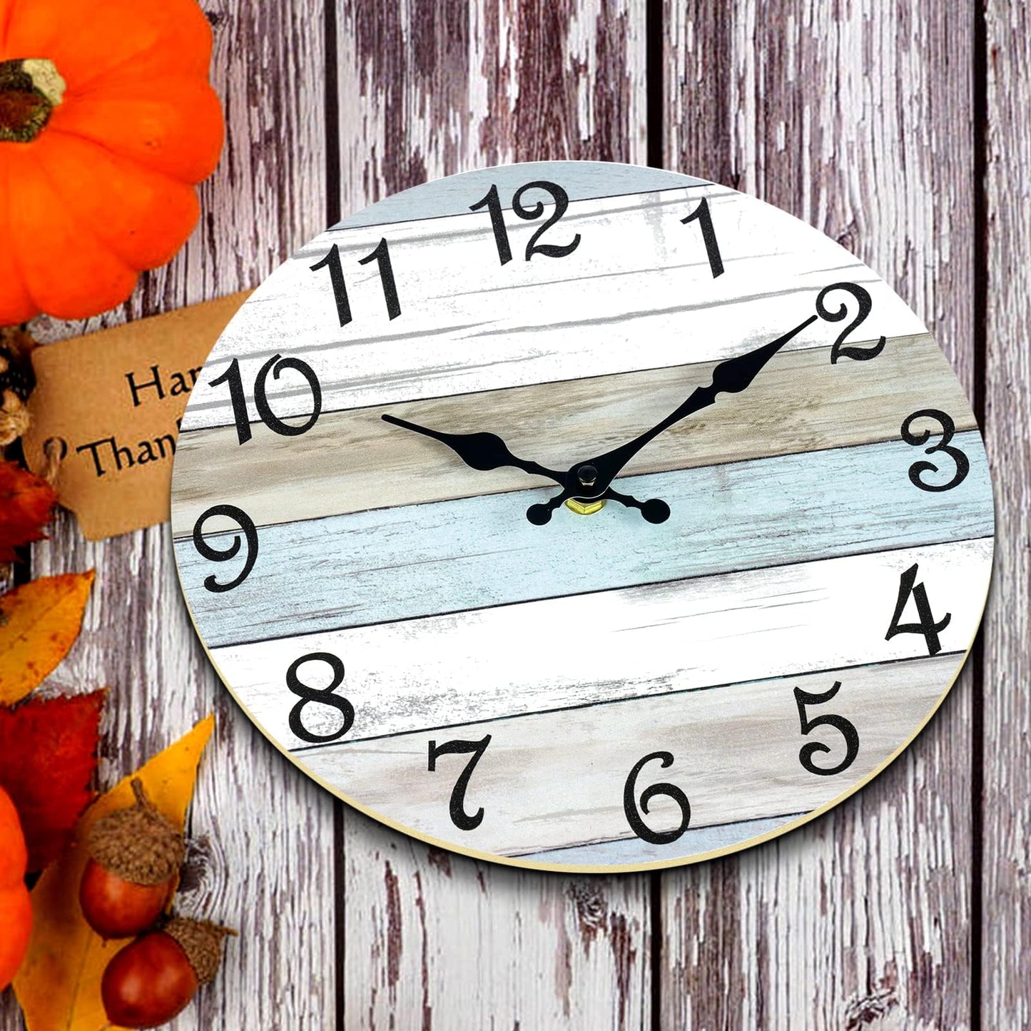 CHYLIN Wall Clock - 18 Inch Silent Non Ticking Wall Clocks Battery Operated, Wooden Rustic Farmhouse Larger Clock Decorative for Living Room, Kitchen (Blue White Brown)