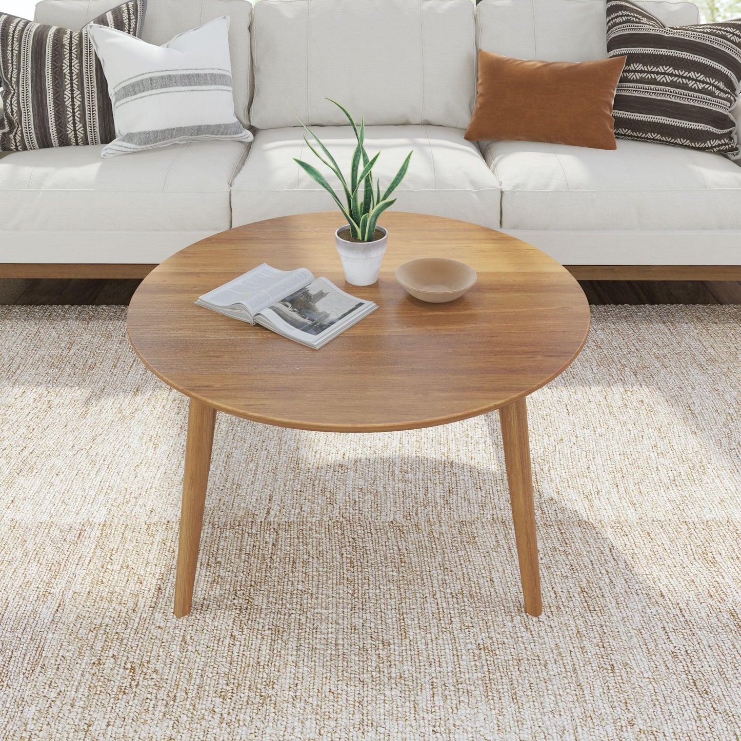 Plank+Beam Mid Century Modern Coffee Table, 36 Inch Wood Coffee Tables for Living Room, Round Center Table, Cocktail Table for Small Spaces, Pecan