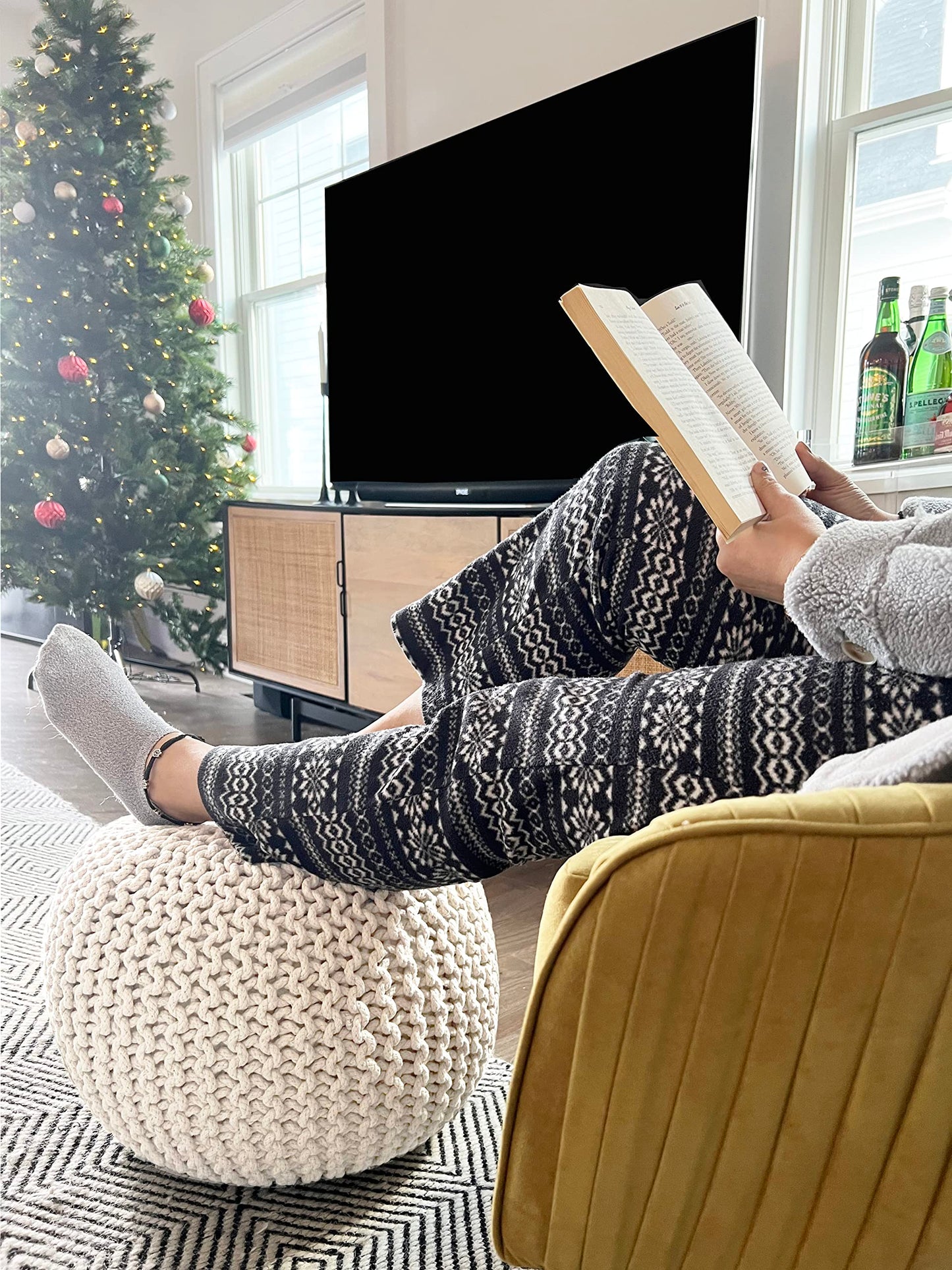 FRELISH DECOR Round Pouf Ottoman Hand Knitted 100% Cotton Pouf Foot Stool - Knitted Bean Bag - Floor Chair for Living Room Bedroom - Foot Rest for Couch (20 Diameter x 14 Height) - Natural