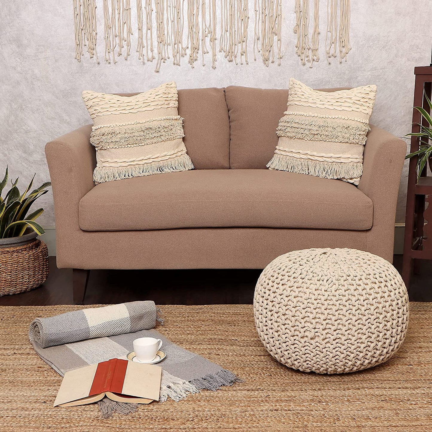 REDEARTH Round Pouf Ottoman - Cable Knitted Boho Poof - Home Décor Cord Pouffe Handmade Circular Footrest for Living Room - Bedroom - Kids Bedroom - 100% Cotton Pouf (18" x 18" x 14") - Ivory