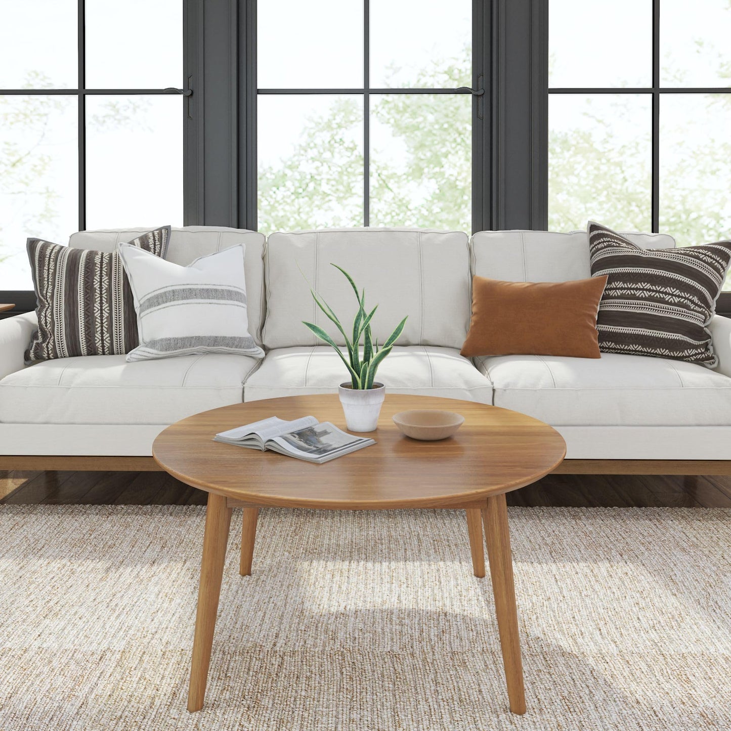 Plank+Beam Mid Century Modern Coffee Table, 36 Inch Wood Coffee Tables for Living Room, Round Center Table, Cocktail Table for Small Spaces, Pecan