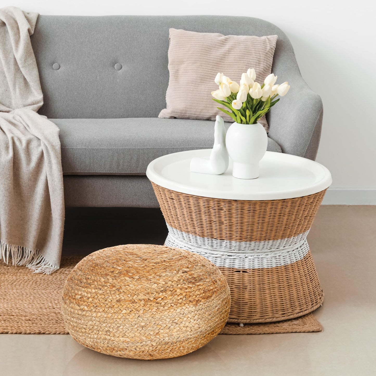 Decor Therapy Round Pouf Ottoman Footrest, Natural Jute Woven, Boho Pouf, Bohemian Style Casual Seating for Living Room, Bedroom, Patio Decor 19"x 19"x 10.5"