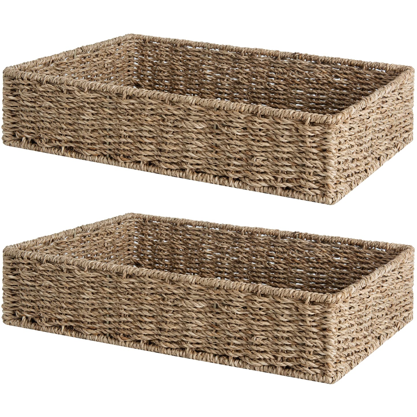 StorageWorks Large Seagrass Tray for Bathroom, Seagrass Storage Baskets for Shelves, Handwoven Natural Wicker Baskets for Organizing, 2-Pack