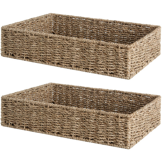 StorageWorks Large Seagrass Tray for Bathroom, Seagrass Storage Baskets for Shelves, Handwoven Natural Wicker Baskets for Organizing, 2-Pack