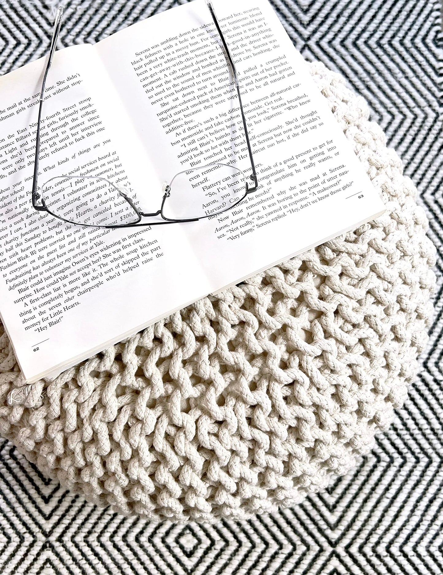 FRELISH DECOR Round Pouf Ottoman Hand Knitted 100% Cotton Pouf Foot Stool - Knitted Bean Bag - Floor Chair for Living Room Bedroom - Foot Rest for Couch (20 Diameter x 14 Height) - Natural