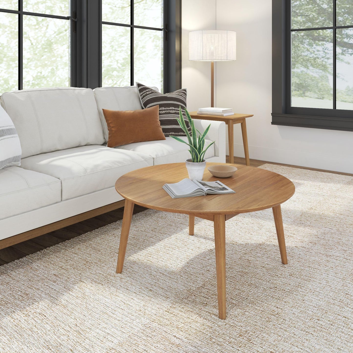 Plank+Beam Mid Century Modern Coffee Table, 36 Inch Wood Coffee Tables for Living Room, Round Center Table, Cocktail Table for Small Spaces, Pecan